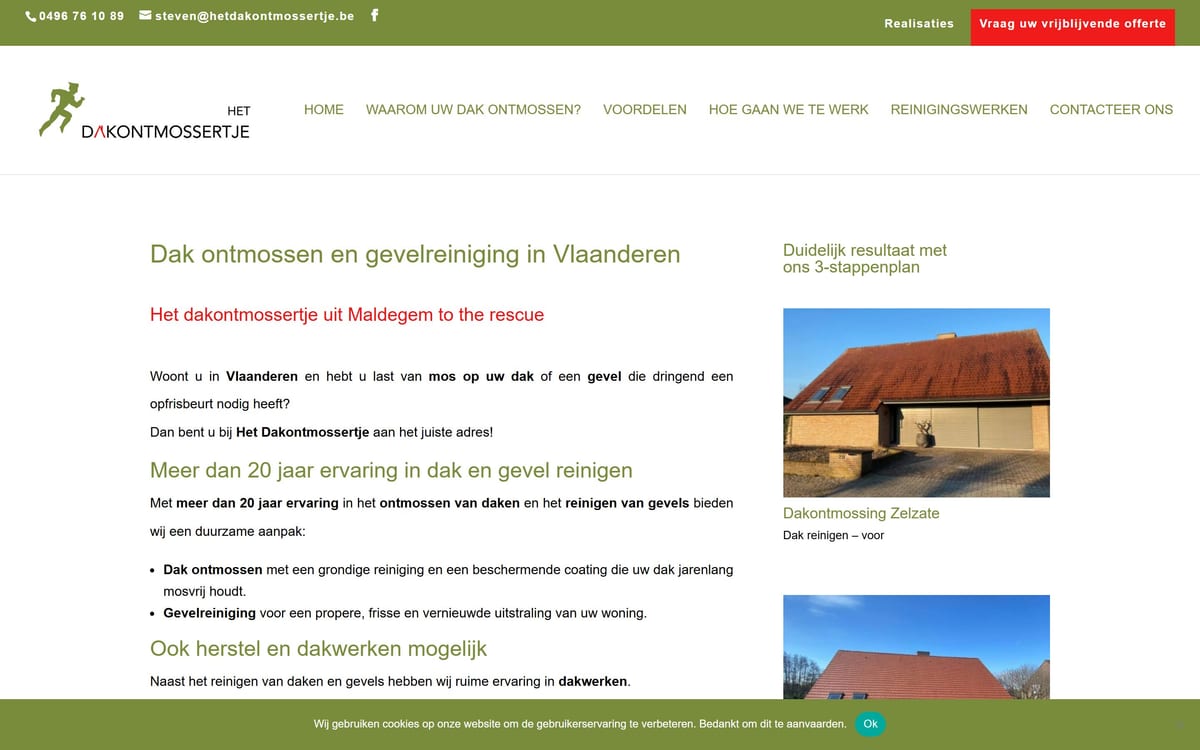 Het Dakontmossertje — Roof cleaning · Anti-moss, website op maat gebouwd door Covents Solutions (2025)